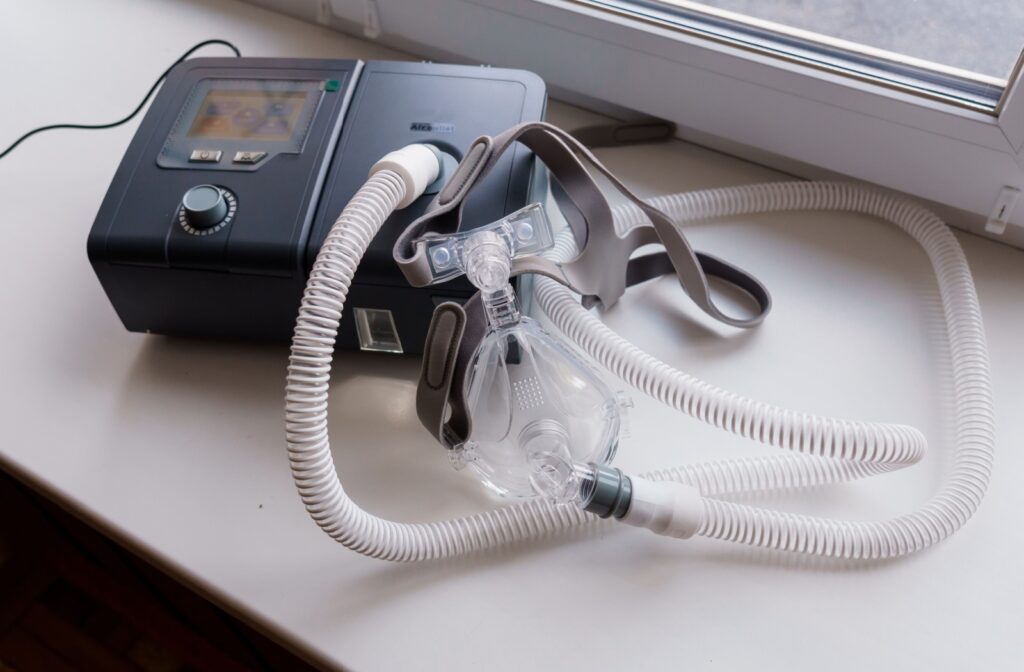 A CPAP machine sitting on a windowsill.