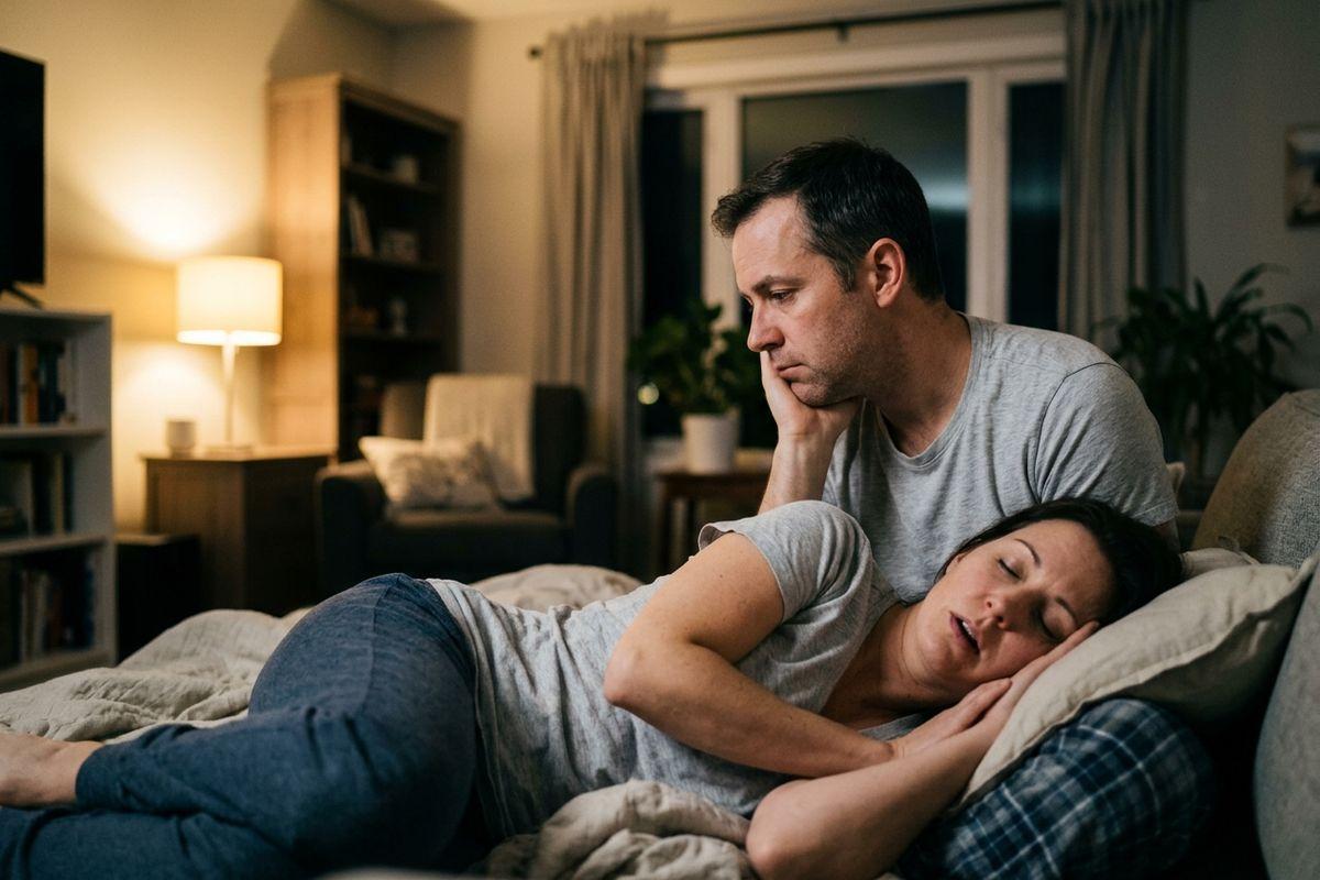 Person sleeping in bed with mouth open. Their spouse is awake behind them, suggesting snoring issues that may indicate sleep apnea.