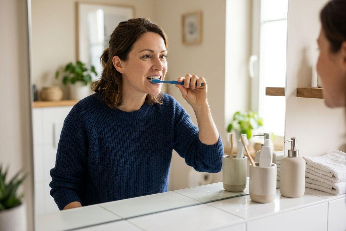 Person brushing teeth for good oral hygiene.