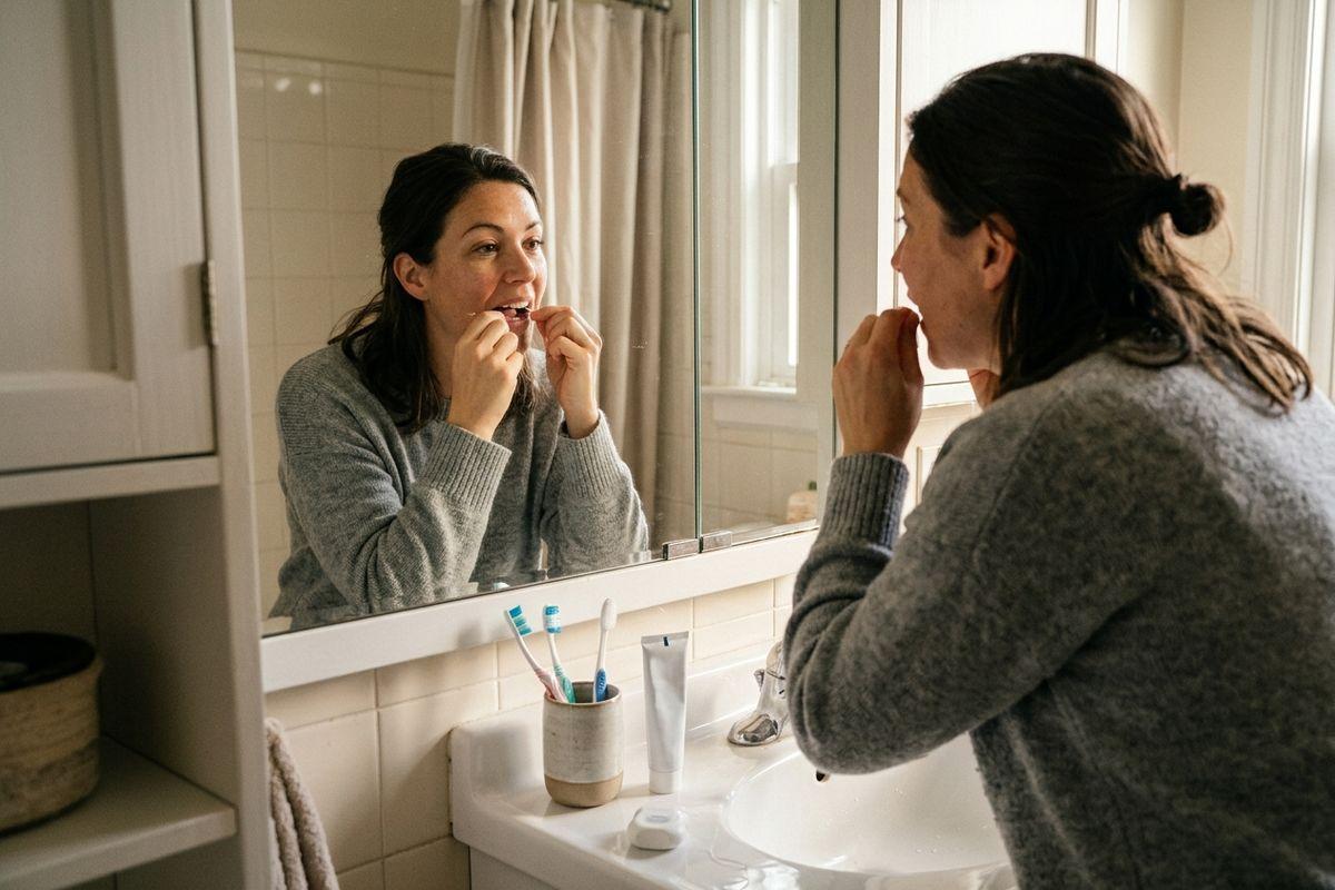 Person flossing teeth, demonstrating proper oral hygiene technique for a healthy smile.
