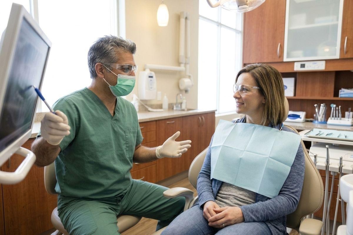 Dentist holding an instrument and speaking with a smiling adult seated in a dental chair.