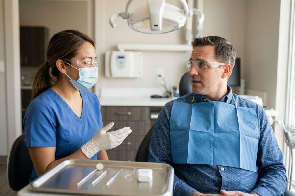 Dentist speaks with an adult patient wearing a bib and safety glasses in a dental chair.